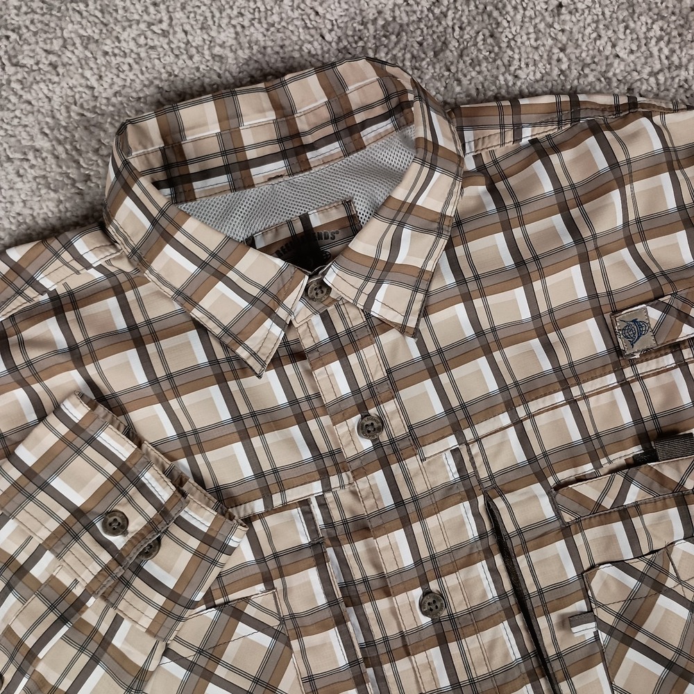 Reel Legends‎ Large Tan Plaid 6 Pocket UPF 50+ Long Sleeve Mens Fishing Shirt